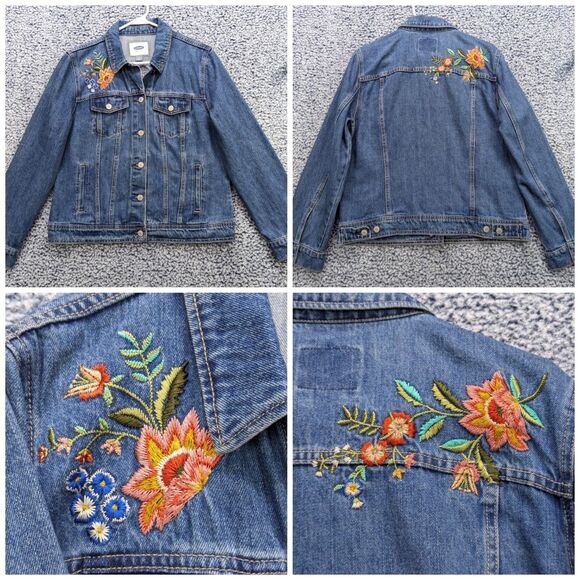 Old Navy Floral Embroidered Denim Jacket Size XL Button Up Trucker Jean Bohemian - Picture 1 of 14